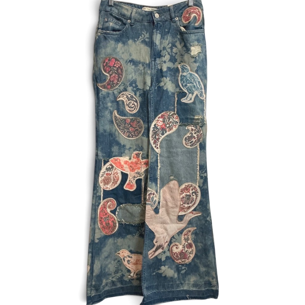 Free People Flying High Patched Jeans We The Free Embroidered Free‎ Birds 26 NWT - Picture 4 of 10